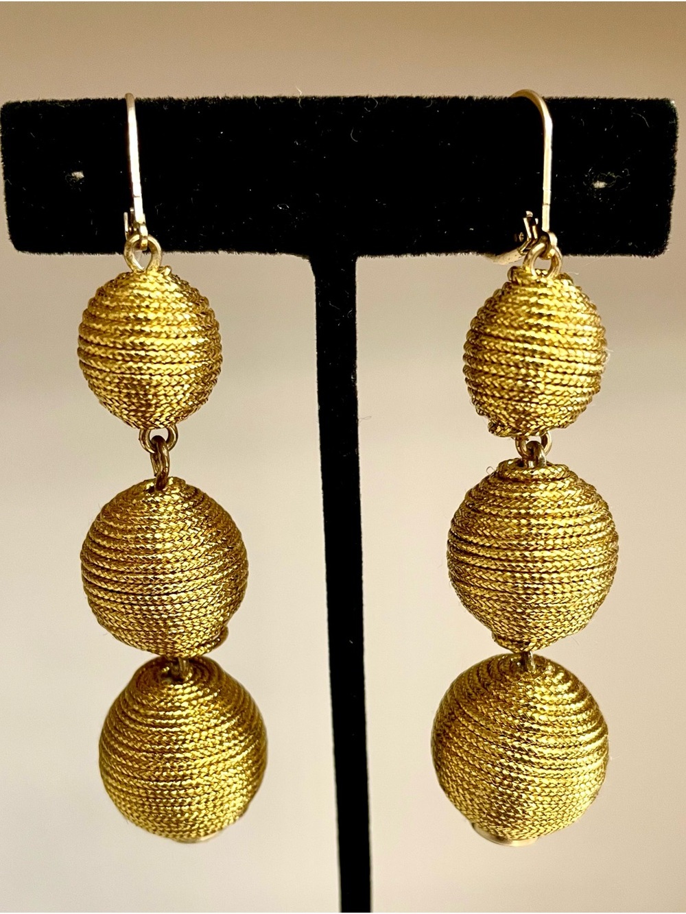 J.Crew Gold Tone Triple Mesh Ball Drop Earrings Sculptural Runway Dramatic Chic
